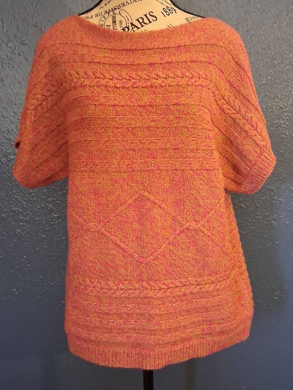 New York & Company Pink Cable Knit Metallic Shimmer Short Sleeve Sweater XL